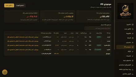 نمای صفحهی موجودی کالا در طلاکو